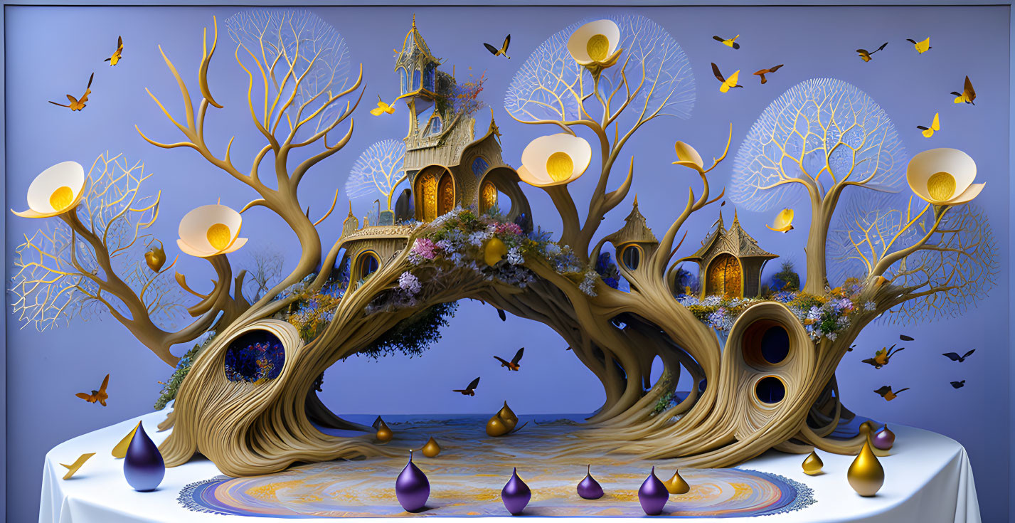 Whimsical tree with miniature castles and butterflies on blue background