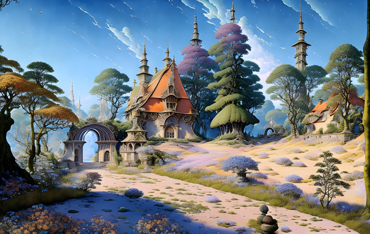 Whimsical houses in colorful fantasy landscape