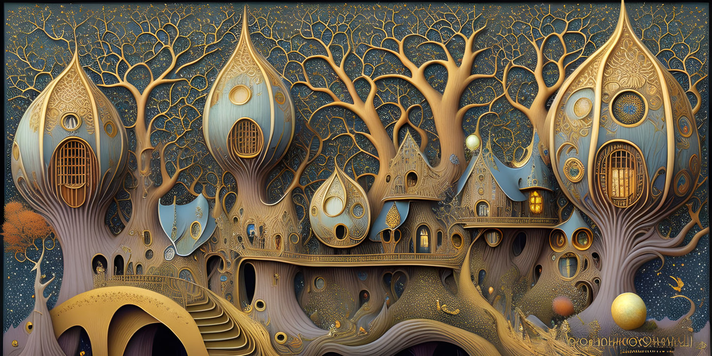 Intricate golden tree-like structures under starry sky