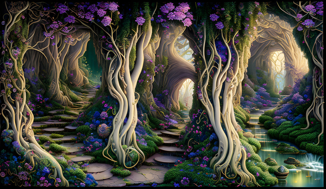 Twisted trees and purple flowers in enchanted forest pathway