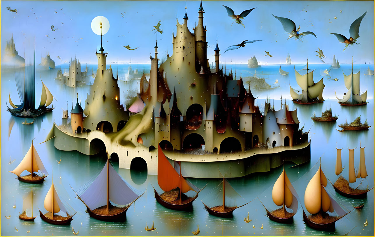 Fantastical castle on island with sailboats and full moon