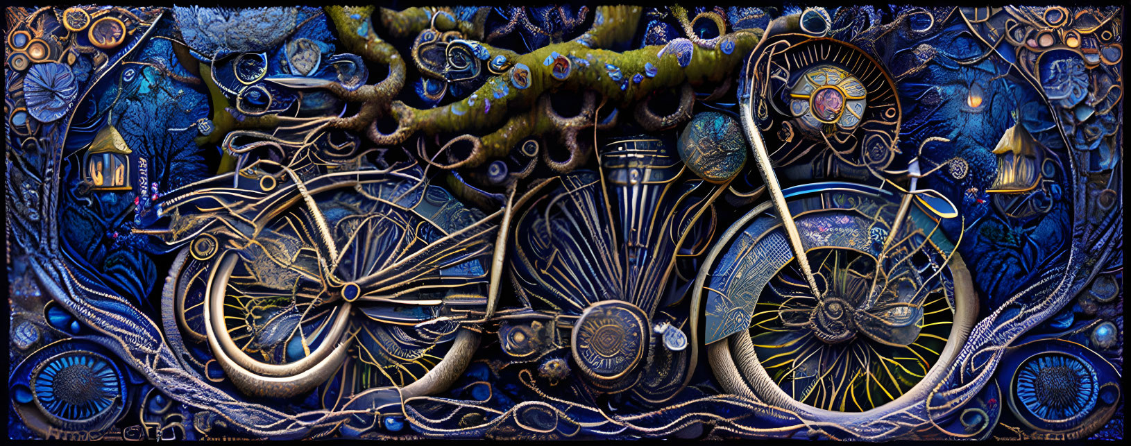 Colorful Fantasy Bicycle with Intricate Design in Rich Blue Tones