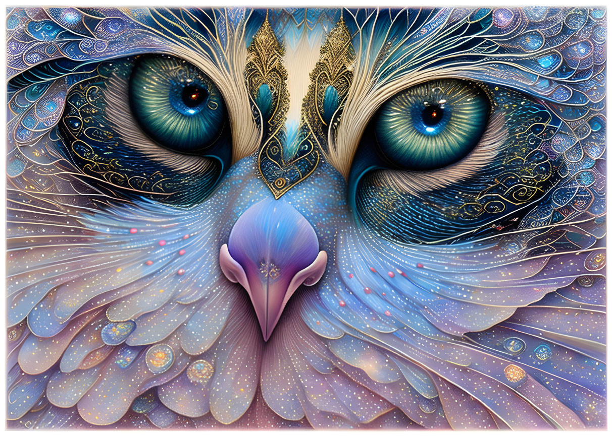 Detailed Peacock Face Illustration with Intricate Patterns and Blue Eyes