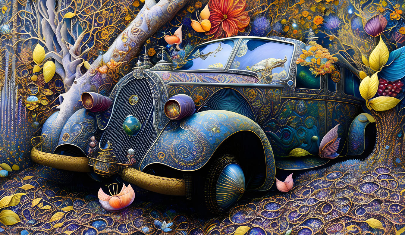 Colorful whimsical artwork: Vintage car in enchanted forest