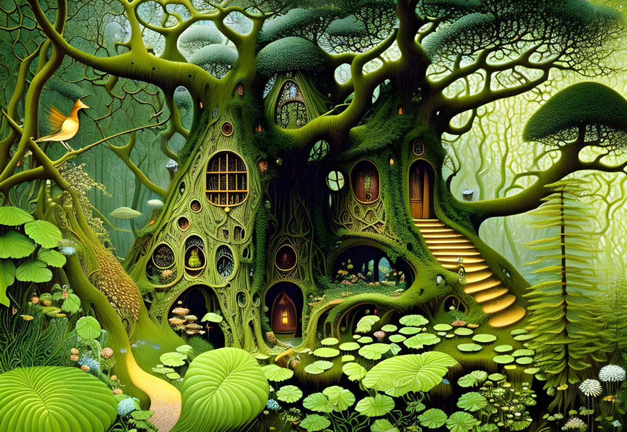 Lush Green Forest Scene with Whimsical Treehouse