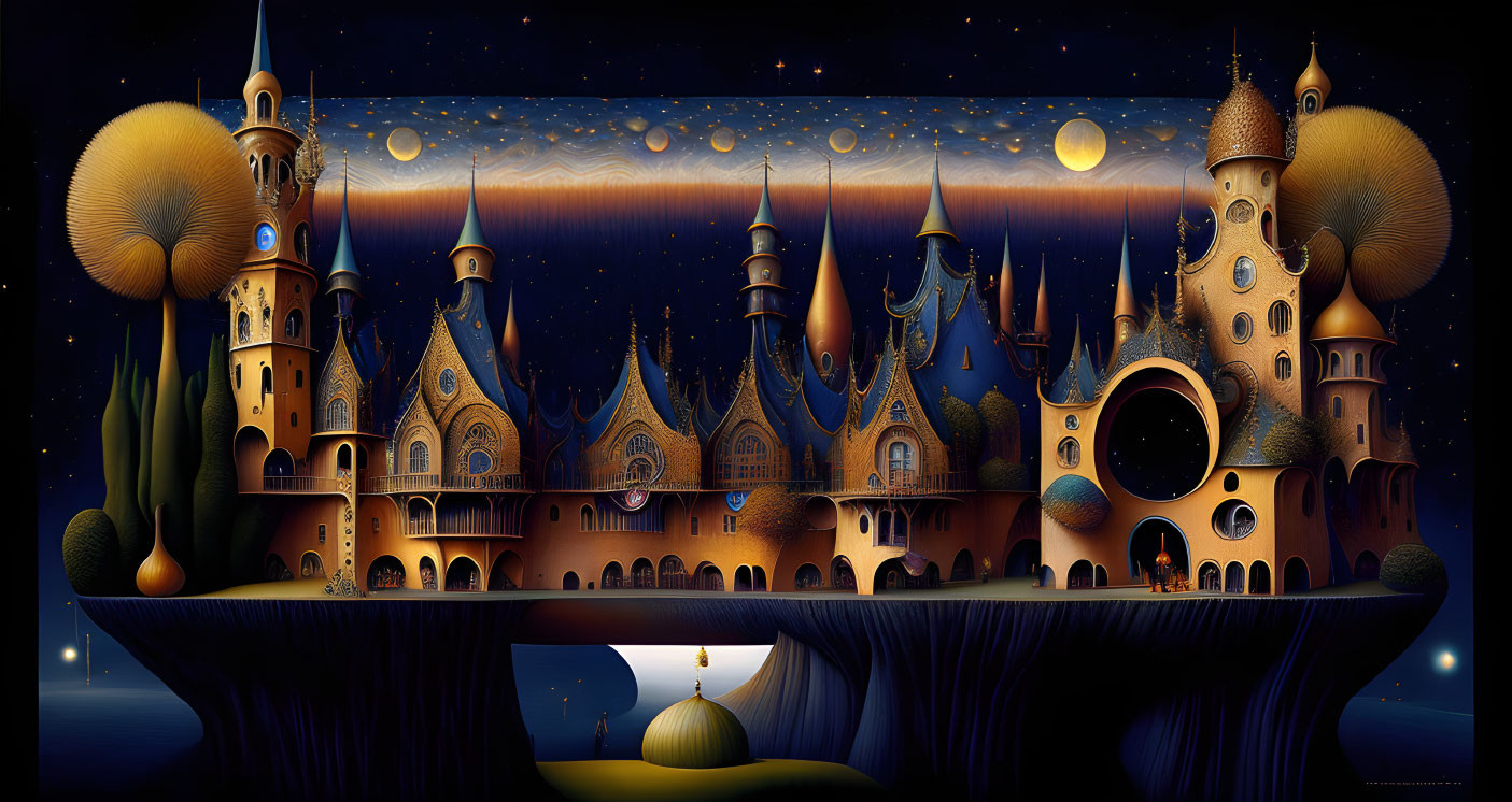 Fantasy night landscape with floating island and whimsical castles