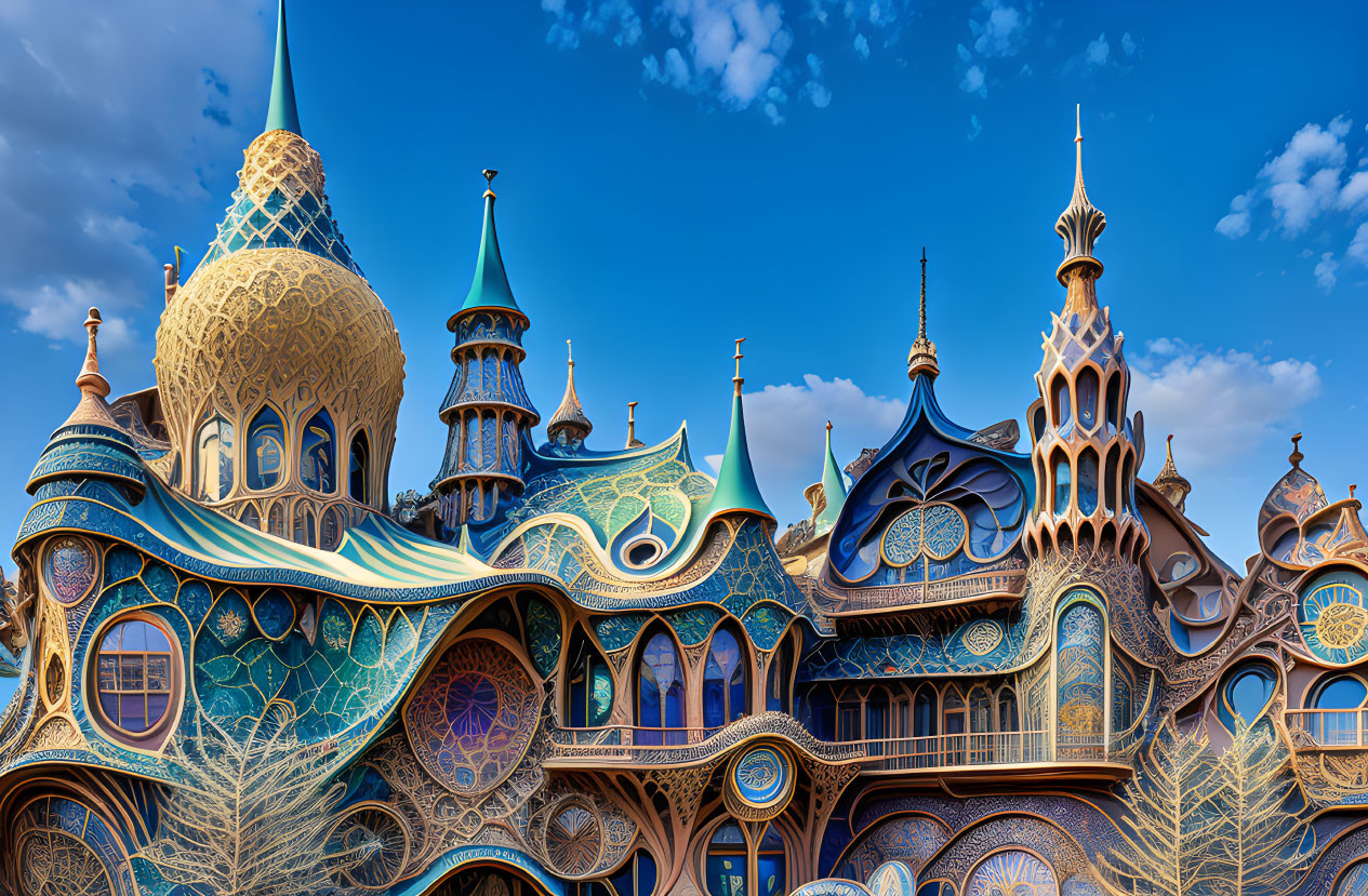 Whimsical fairy tale castle with ornate towers and vibrant blues and golds