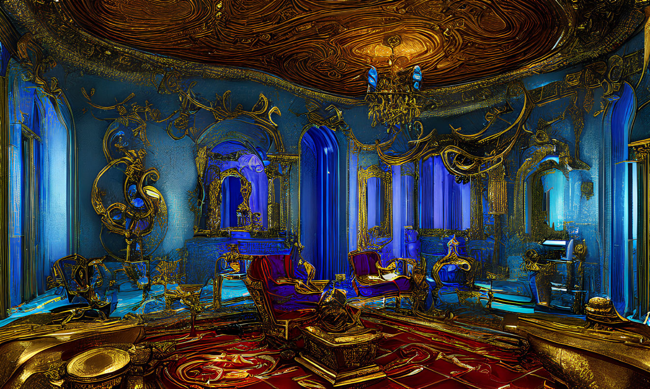 Luxurious Blue and Gold Baroque Room with Elaborate Decor