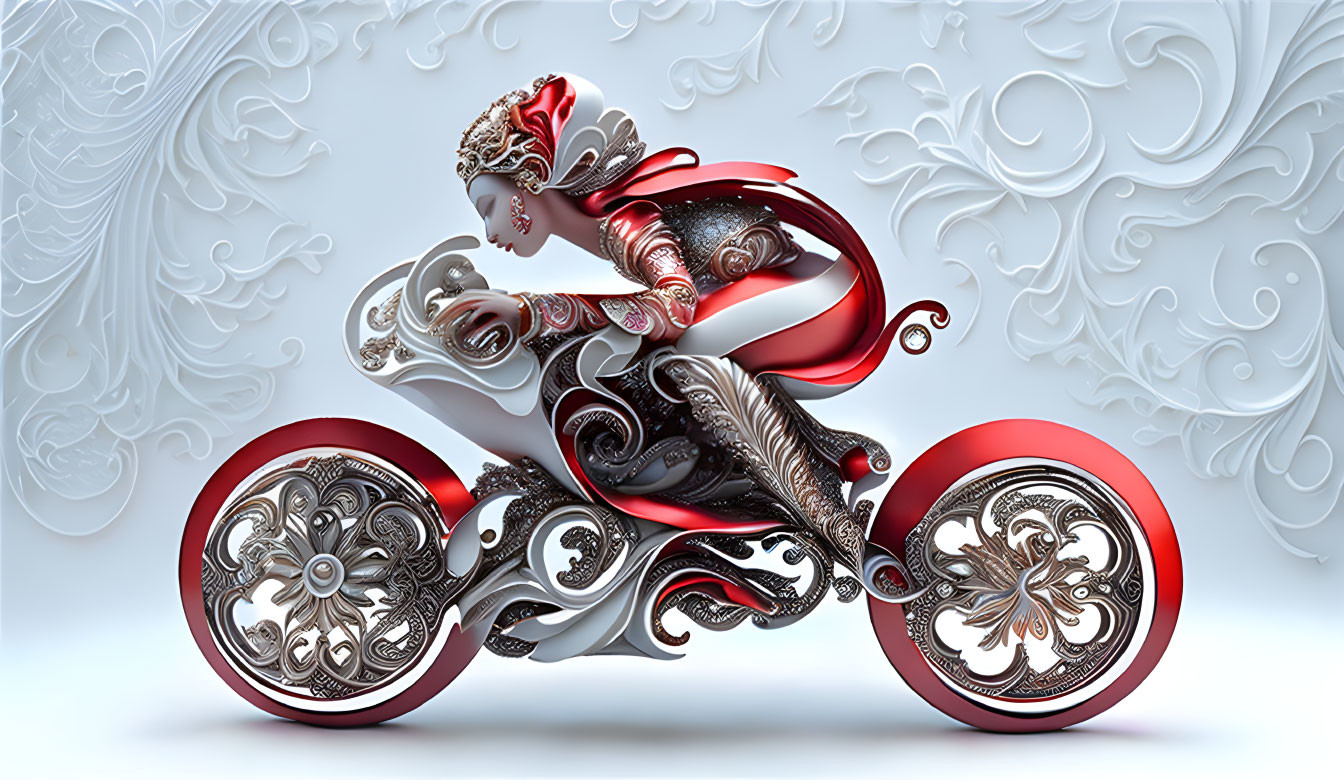 Stylized red and silver figure on ornate motorcycle with intricate patterns