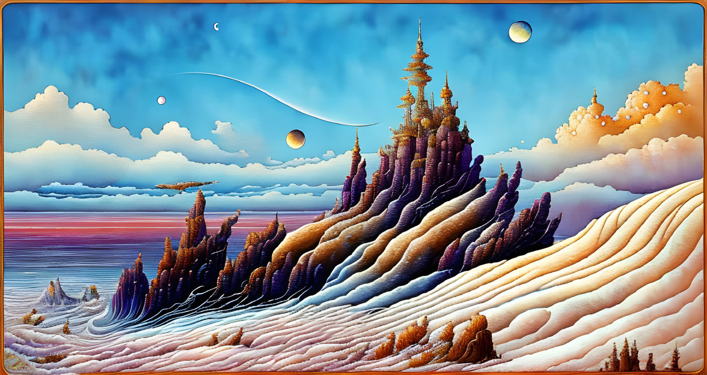 Surreal landscape featuring castle on striated hills under multiple moons.