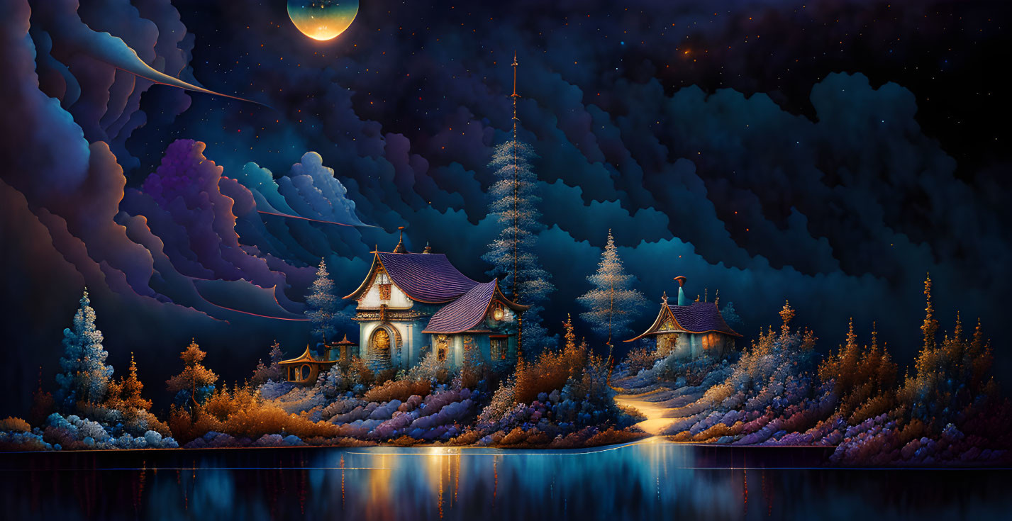 Traditional Asian-style pagoda in illuminated nighttime landscape.