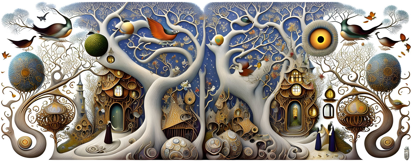 Detailed whimsical forest artwork with stylized trees, houses, and birds