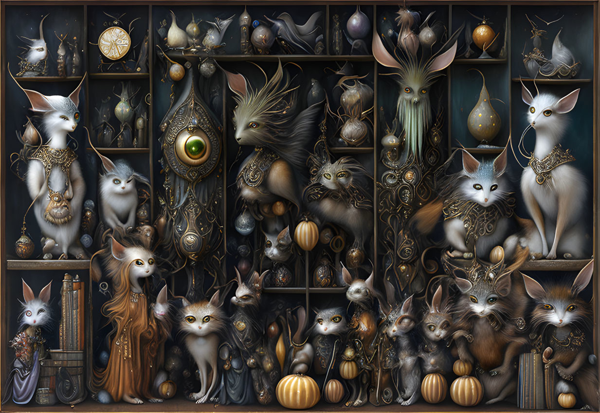 Anthropomorphic cats in majestic attire among ornate objects in a fantasy cabinet