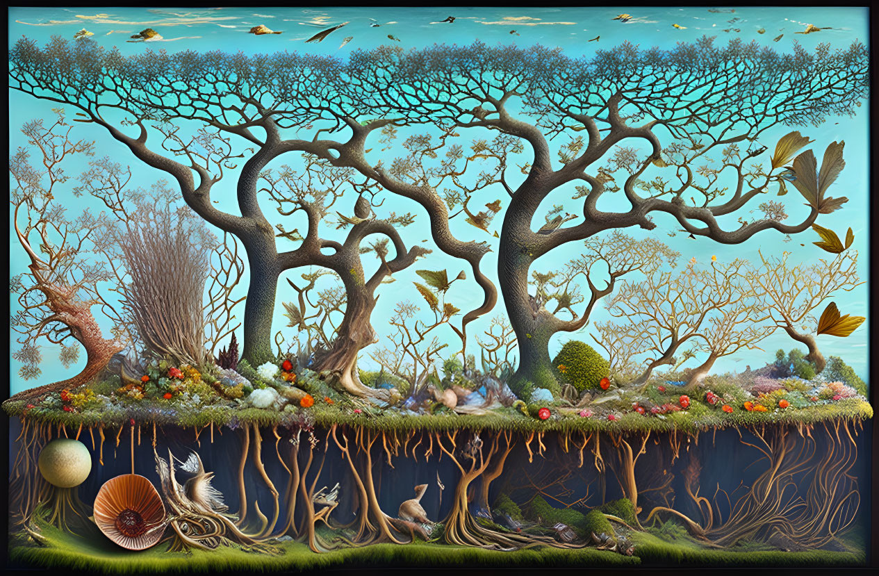 Detailed surreal forest ecosystem cross-section illustration