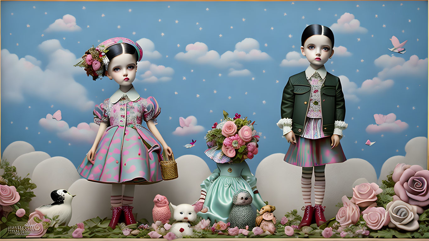 Stylized dolls in vintage clothing with whimsical backdrop