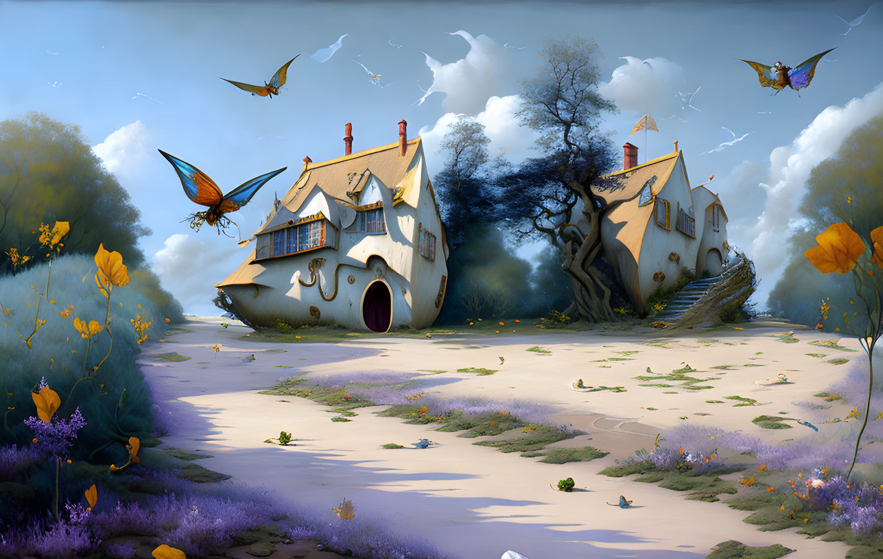 Fantasy landscape with shoe-shaped cottage, vibrant butterflies, and lush flora