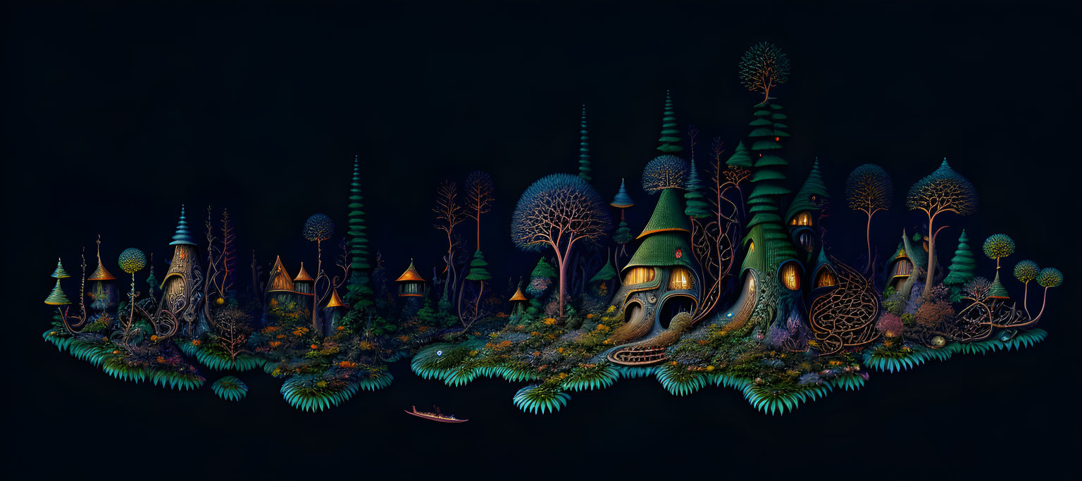 Vibrant Night Fantasy Landscape with Whimsical Trees and Mushroom Houses