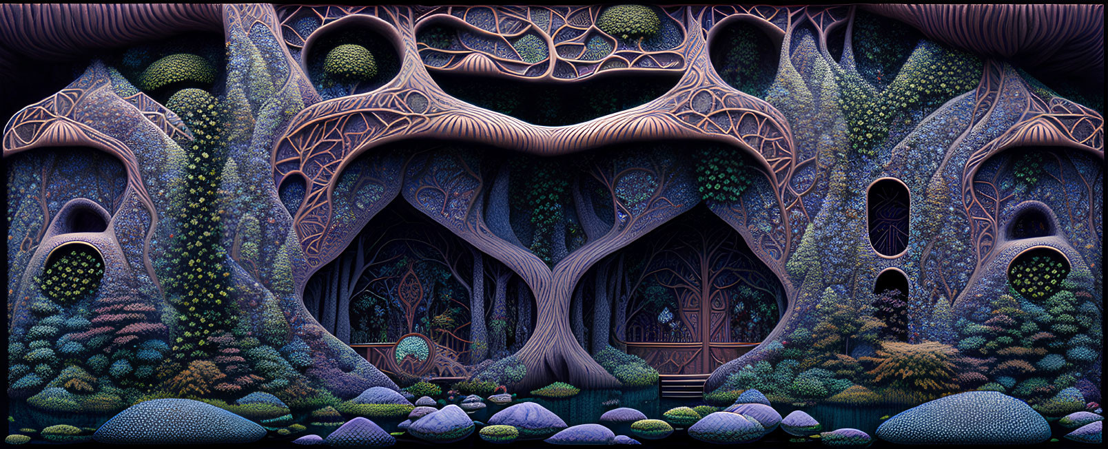 Fantasy Forest Scene: Intertwining Trees, Elaborate Doorways, Lush Fl