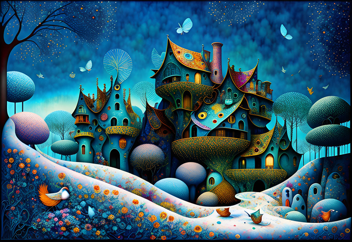 Colorful Fantasy Landscape with Whimsical Houses and Oversized Mushrooms