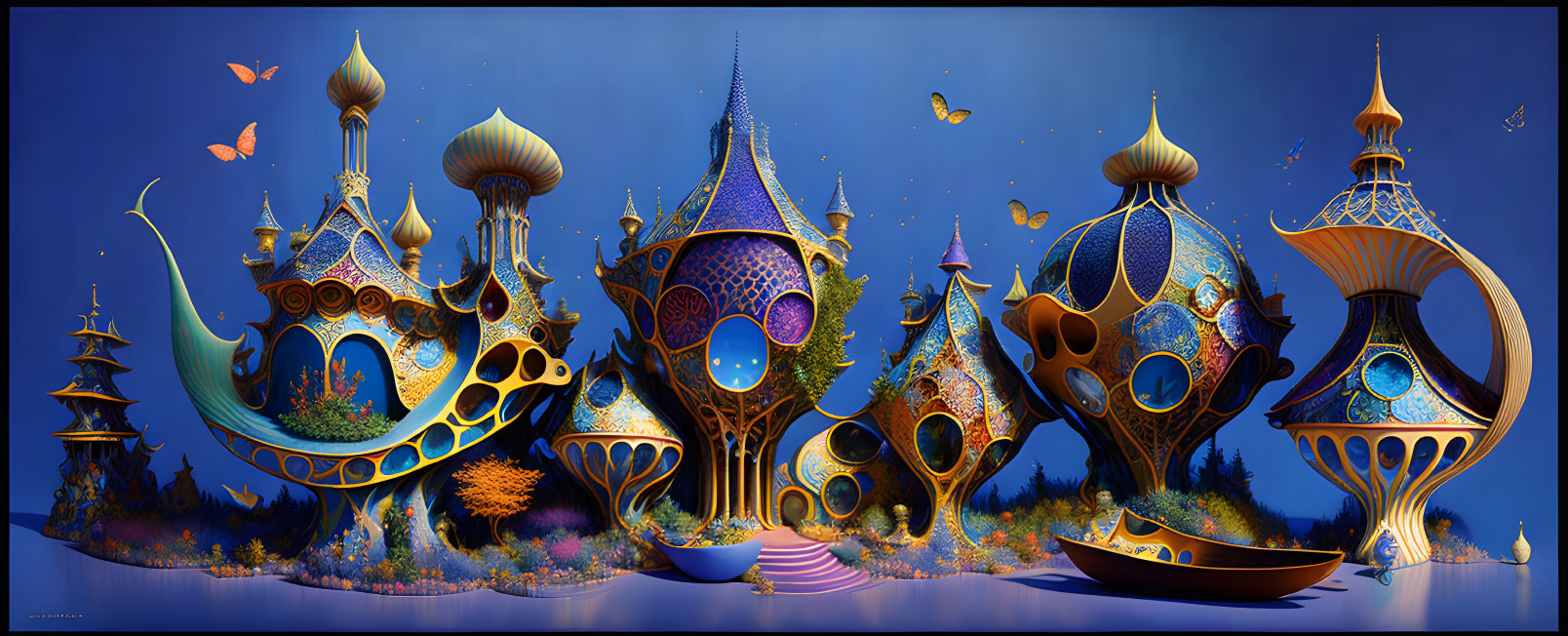 Whimsical panoramic artwork of vibrant, underwater-themed buildings and floating butterflies