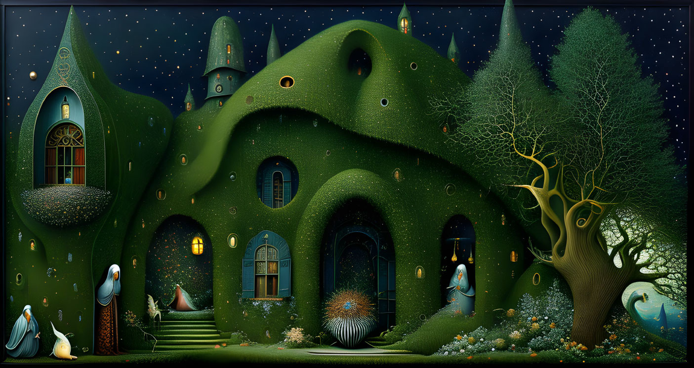 Whimsical nighttime scene with green organic-shaped house and fantastical creatures