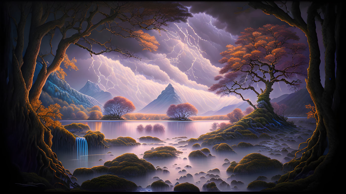 Scenic landscape painting: storm over lake with autumn trees & mountains