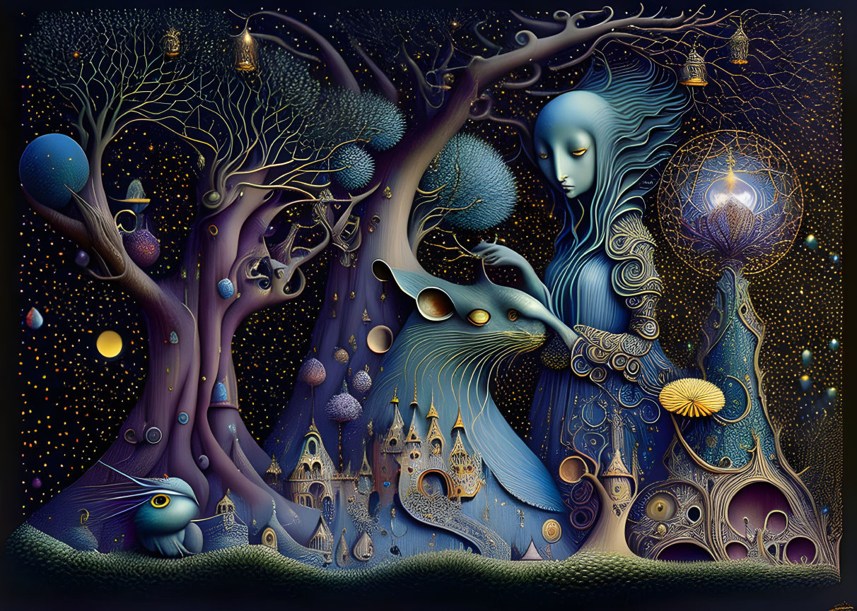 Intricate whimsical illustration of mystical blue entity in fantastical setting