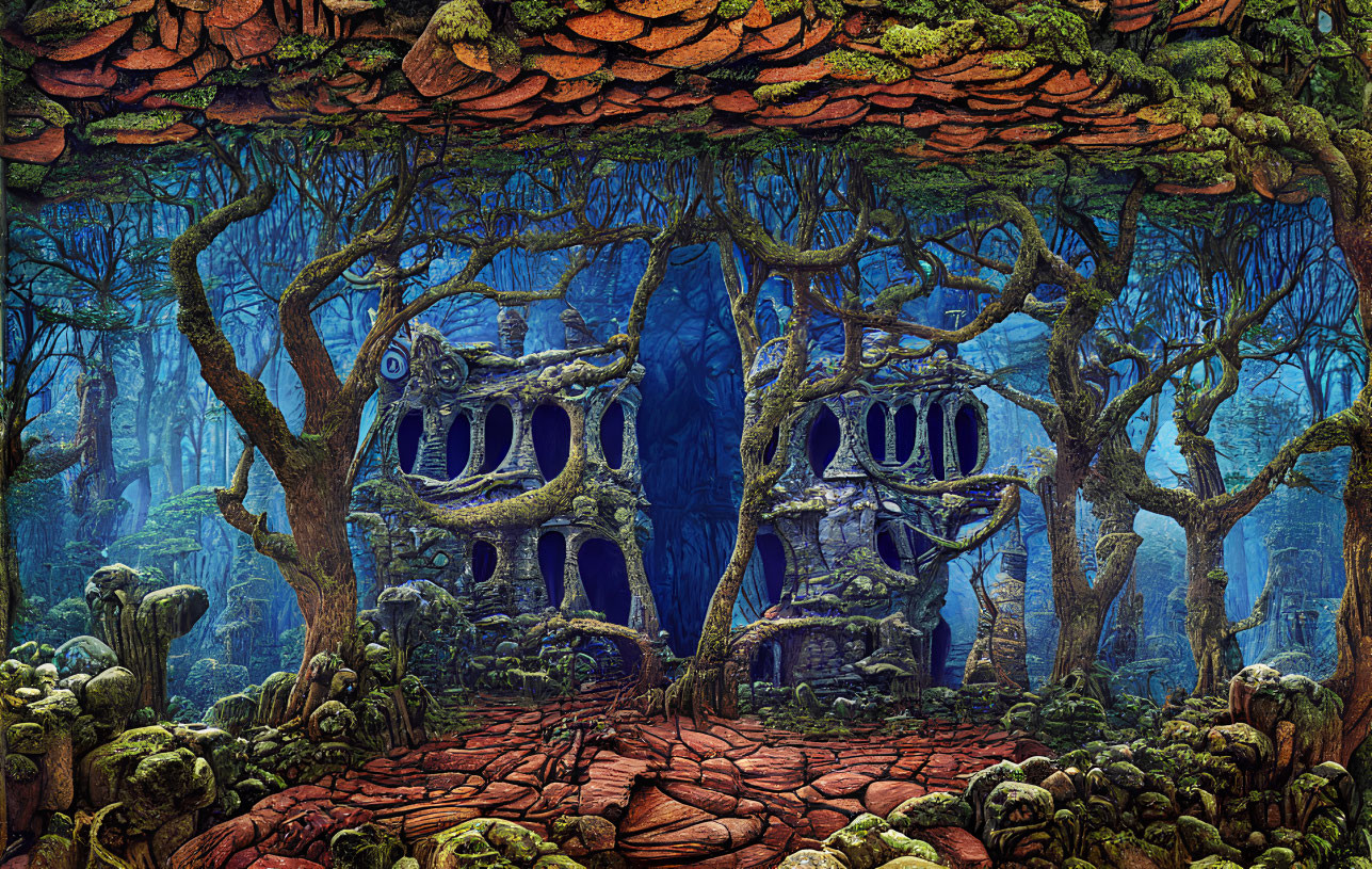 Mystical forest with twisted trees and enchanted path to whimsical treehouse