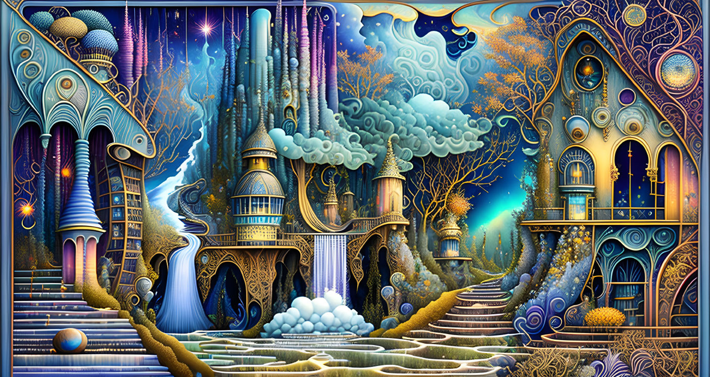 Fantastical landscape with swirling patterns and celestial elements