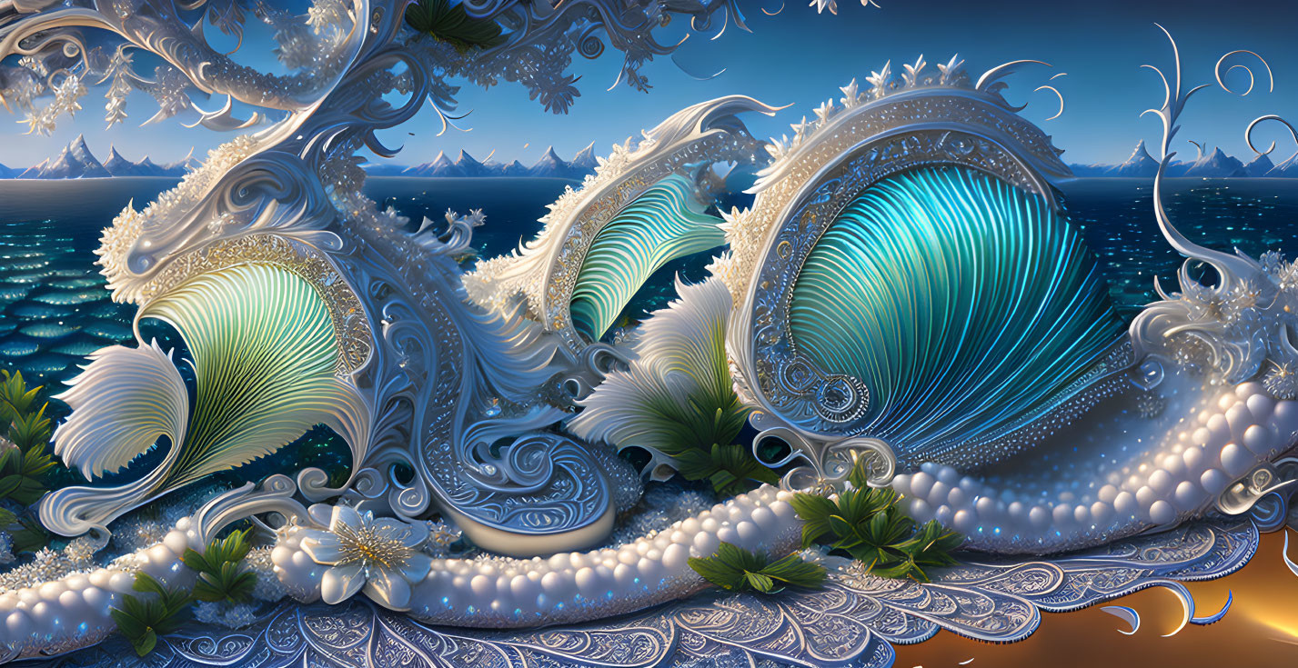 Stylized ornate waves against twilight sea and mountain silhouettes