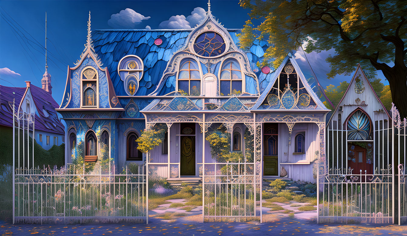 Whimsical blue and white house with ornate windows and wrought-iron fence