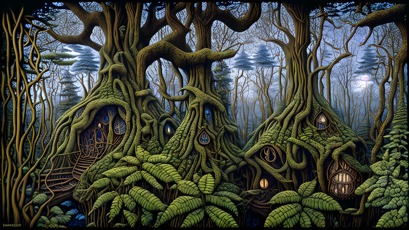 Magical forest scene with whimsical tree houses at twilight