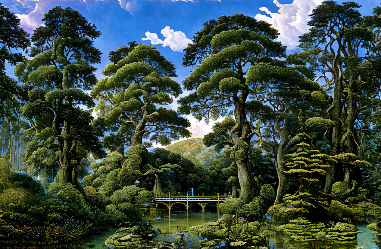 Tranquil forest with moss-covered trees, serene pond, yellow bridge under blue sky