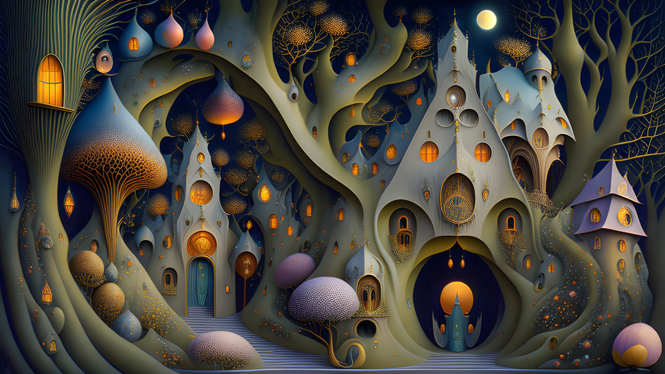 Fantastical tree village with mushroom houses and glowing windows