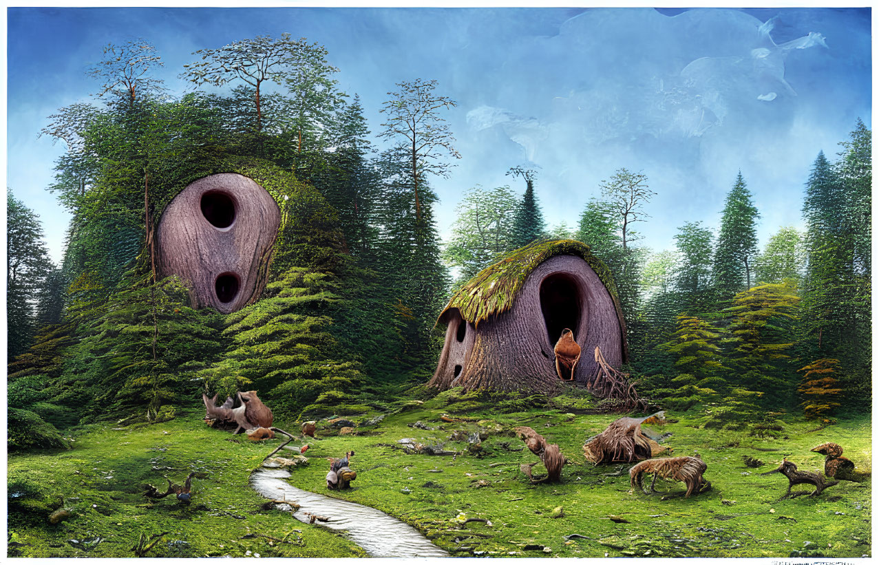 Whimsical forest scene with face-shaped huts, grazing animals, stream, and lush greenery