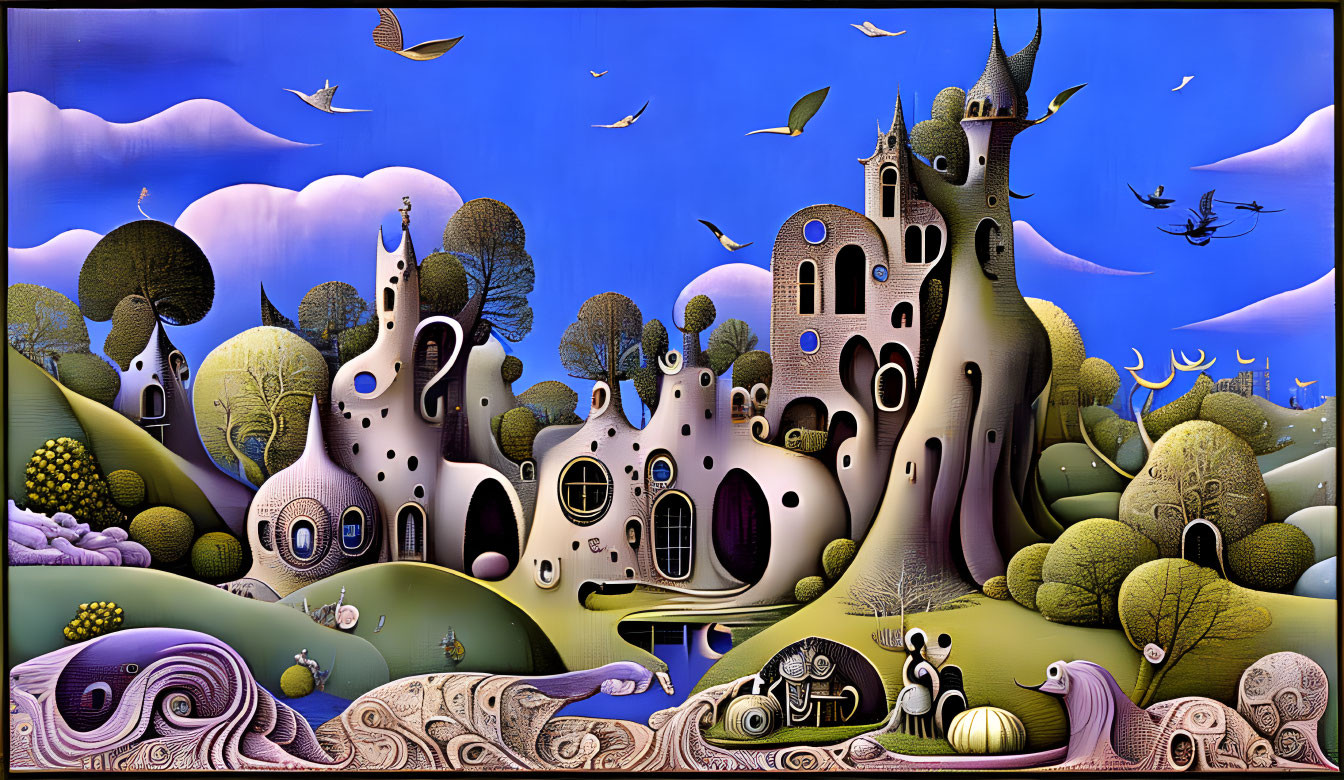 Fantastical surreal landscape with whimsical buildings and creatures