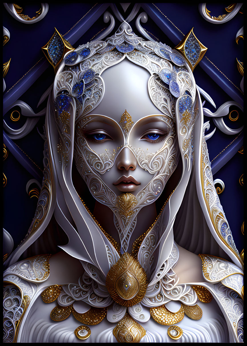 Detailed digital artwork of female figure in regal blue and gold attire with intricate silver and gold jewelry.