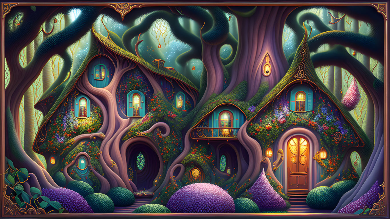 Whimsical fantasy forest with vibrant flora and glowing lights