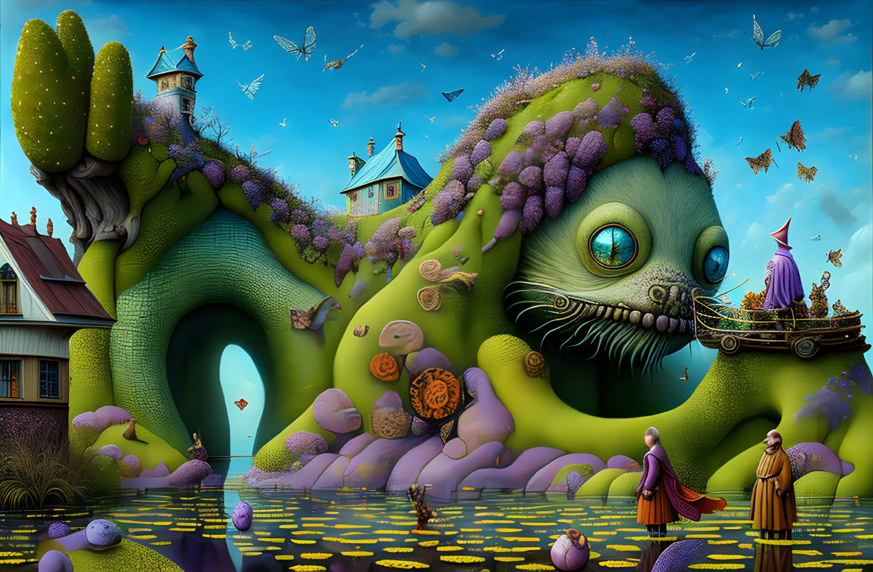 Fantasy landscape: giant creature carries whimsical houses, surrounded by butterflies, flowers, and monks on