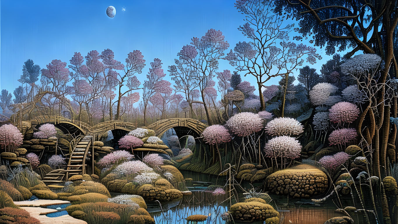 Tranquil landscape with flowering trees, stone bridge, and moonlit stream