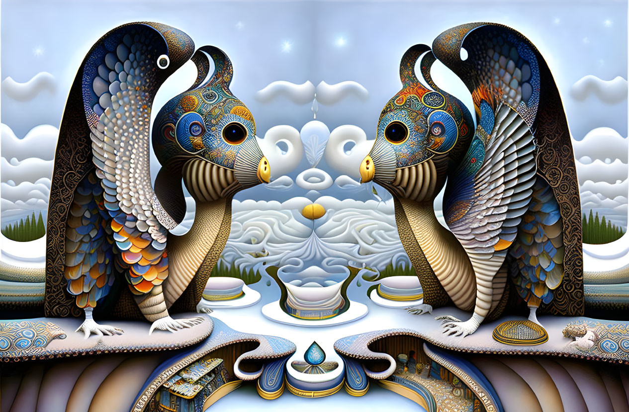 Colorful surreal digital artwork featuring ornate bird-like creatures in intricate landscape.