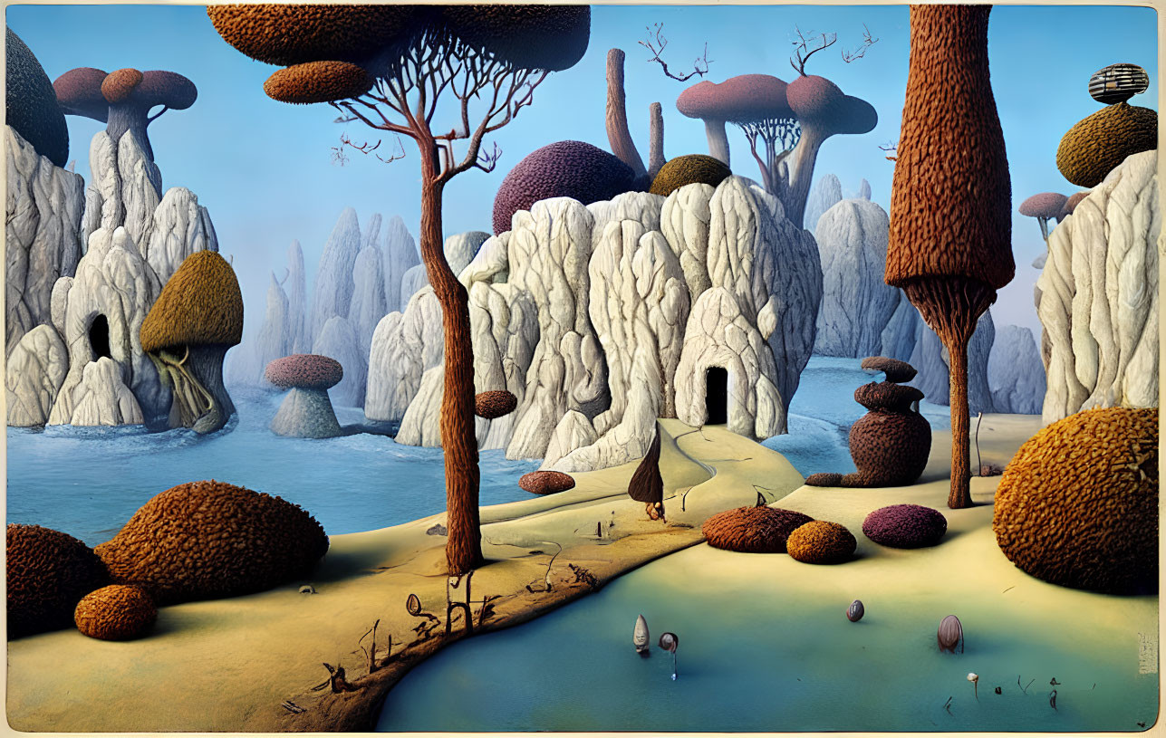 Surreal landscape with mushroom-like trees and rock formations.