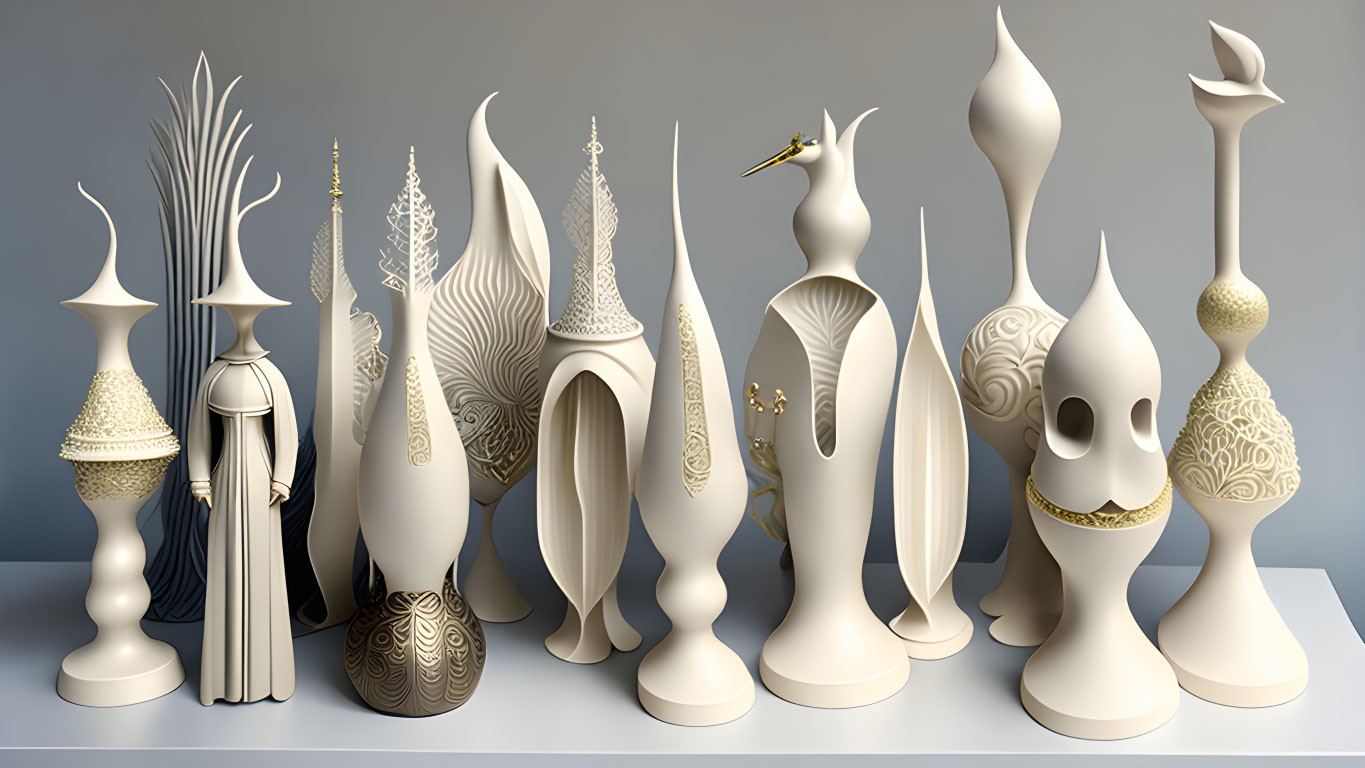 Elegant abstract sculptural pieces with intricate designs and varying shapes