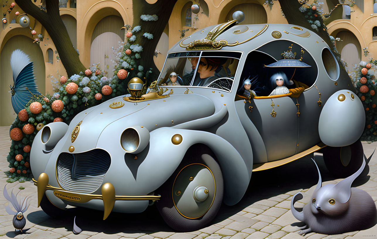 Whimsical painting of ornate insect-like car in fantastical setting