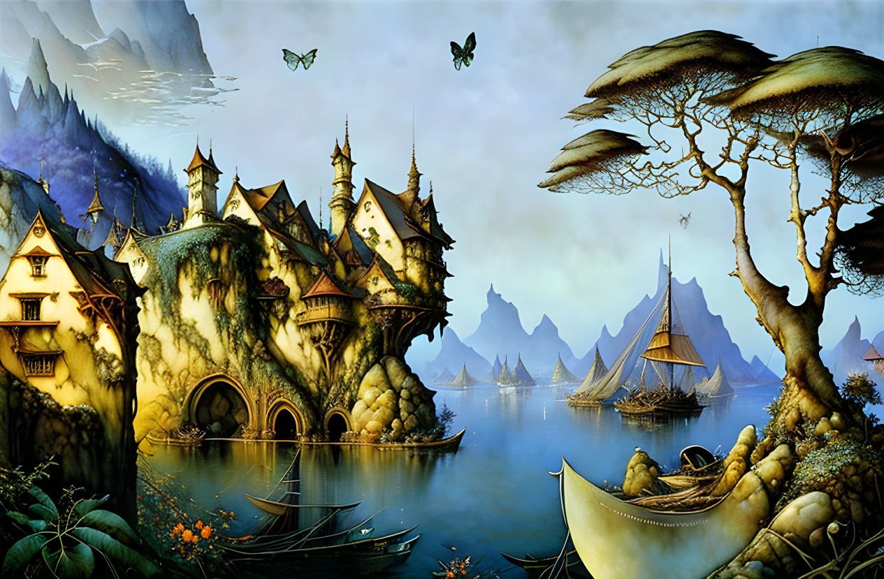 Whimsical fantasy landscape with rocky islands, ship, mushroom-like trees, and butterflies