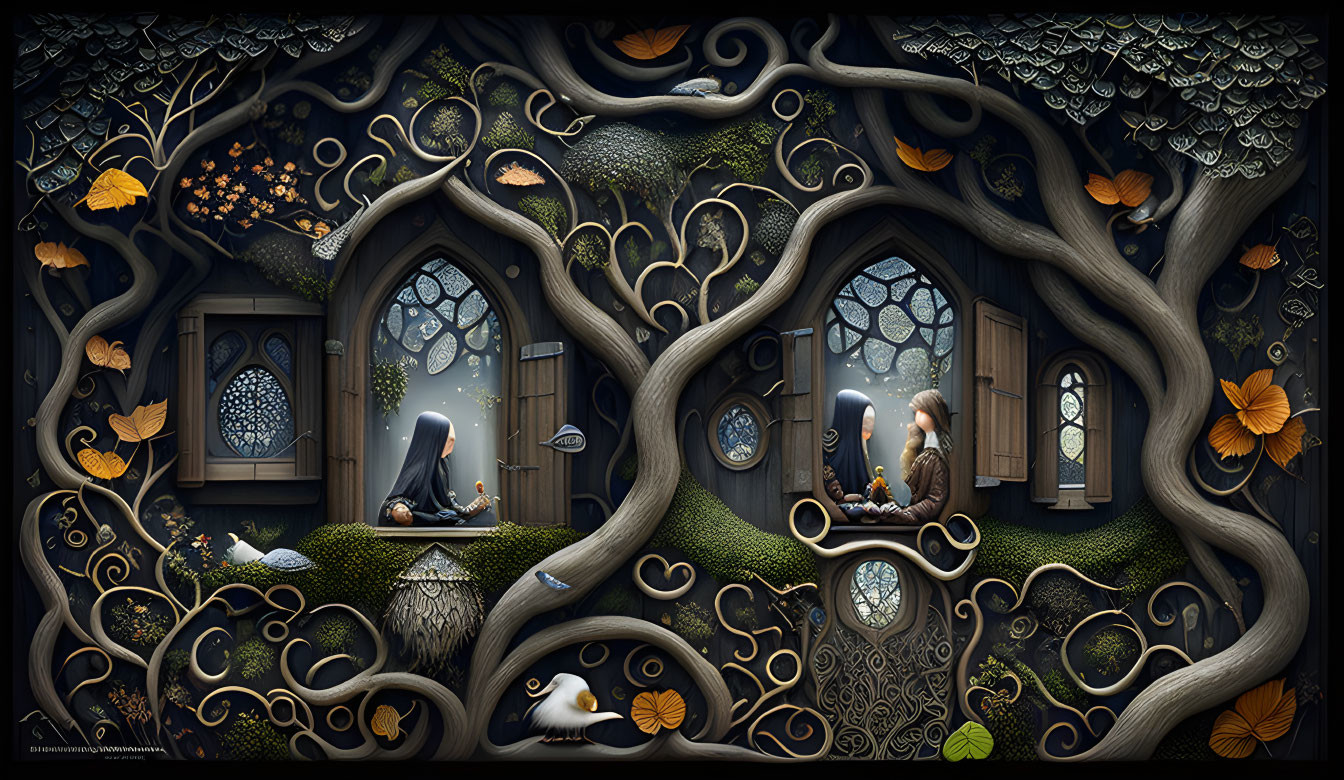 Illustration of intricate tree-like house with person reading, bird, lanterns in night setting.