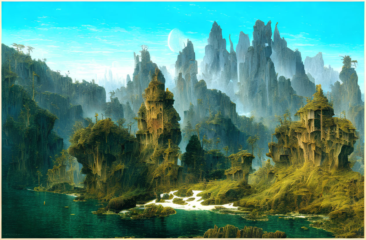 Fantasy landscape with towering rocks, lush forests, water, and moon.