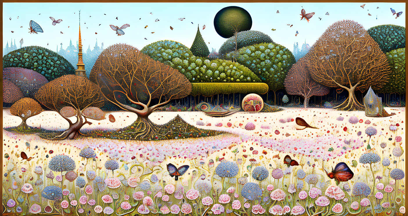 Colorful landscape with stylized trees, flowers, butterflies, and eclipse