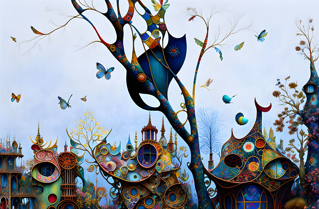 Colorful whimsical artwork: Stylized tree with peacock motifs, fantastical buildings, and