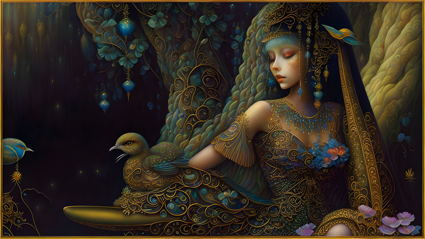 Fantastical artwork of woman in peacock attire with birds and foliage